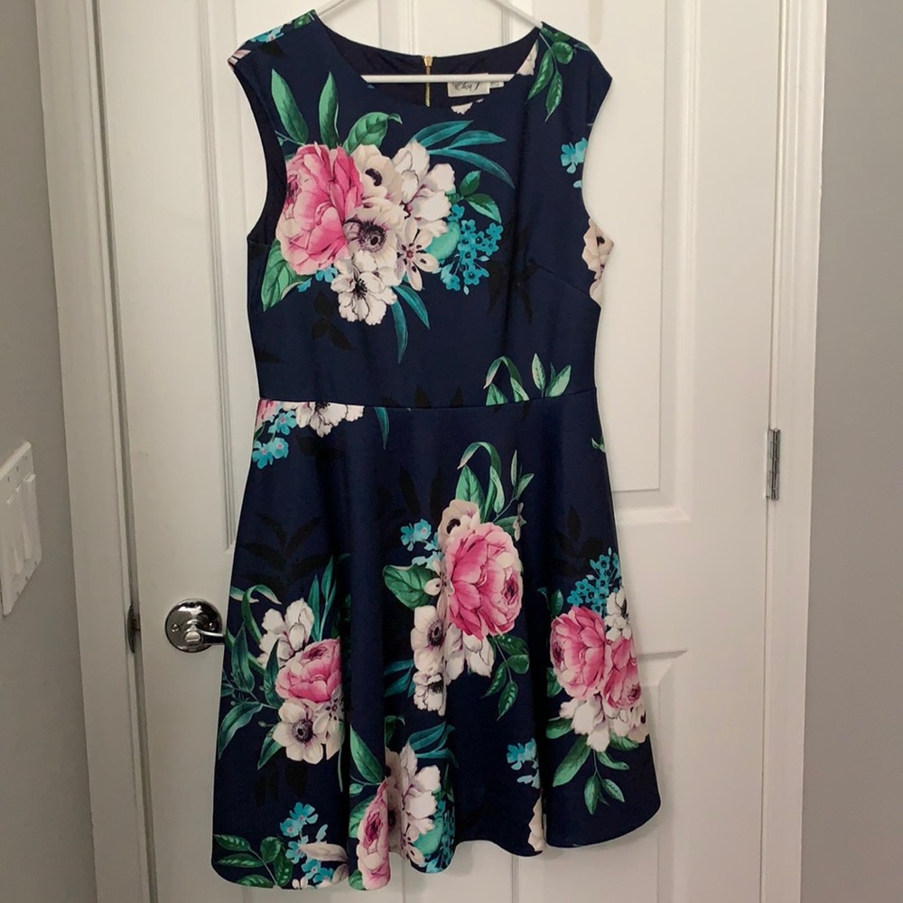 Eliza J Navy Floral Fit & Flare Sleeveless Dress